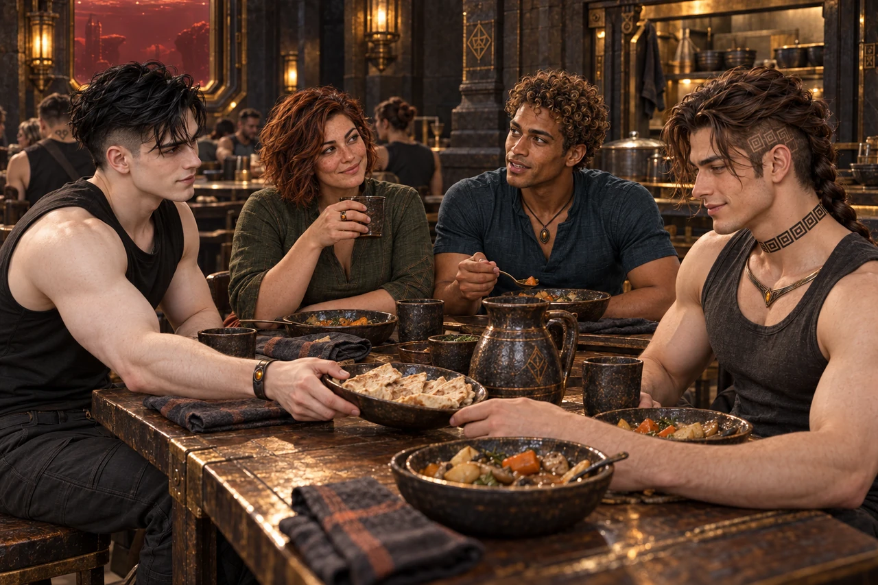 Saevren shares bread and a simple meal with Keldan, Neyris and Sella around a communal table.