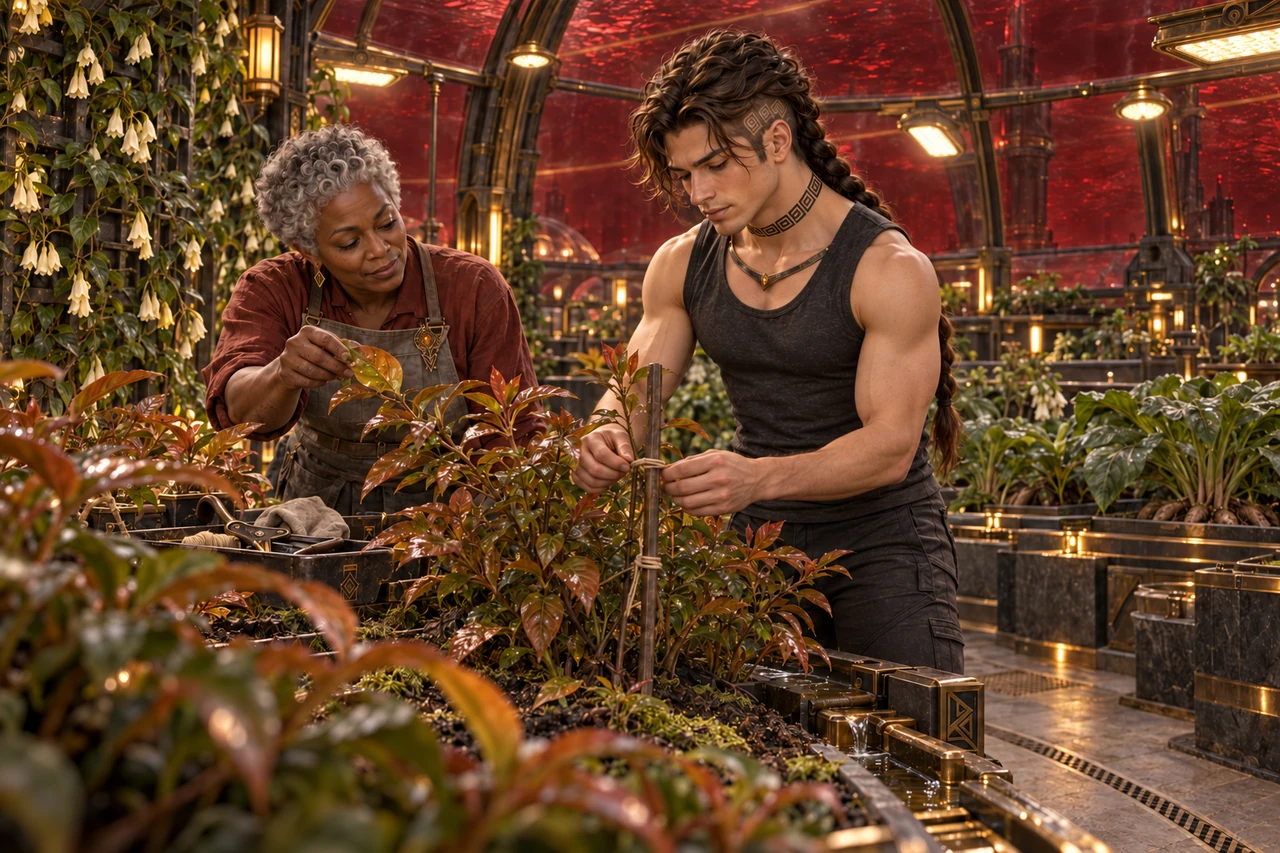 Saevren helps tend Bronzeleaf beside a gardener in a protected nursery.