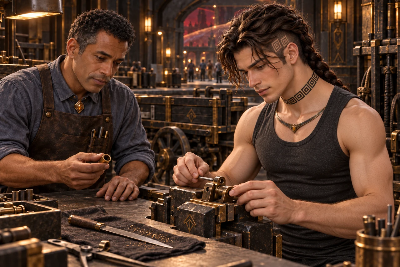 Saevren makes a fine adjustment to a detached bronze mechanism with a craftsperson beside him.