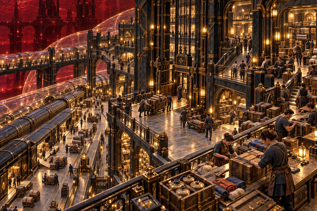 Workers move cargo through tiered freight platforms, protected trains and tall bronze-framed lifts.