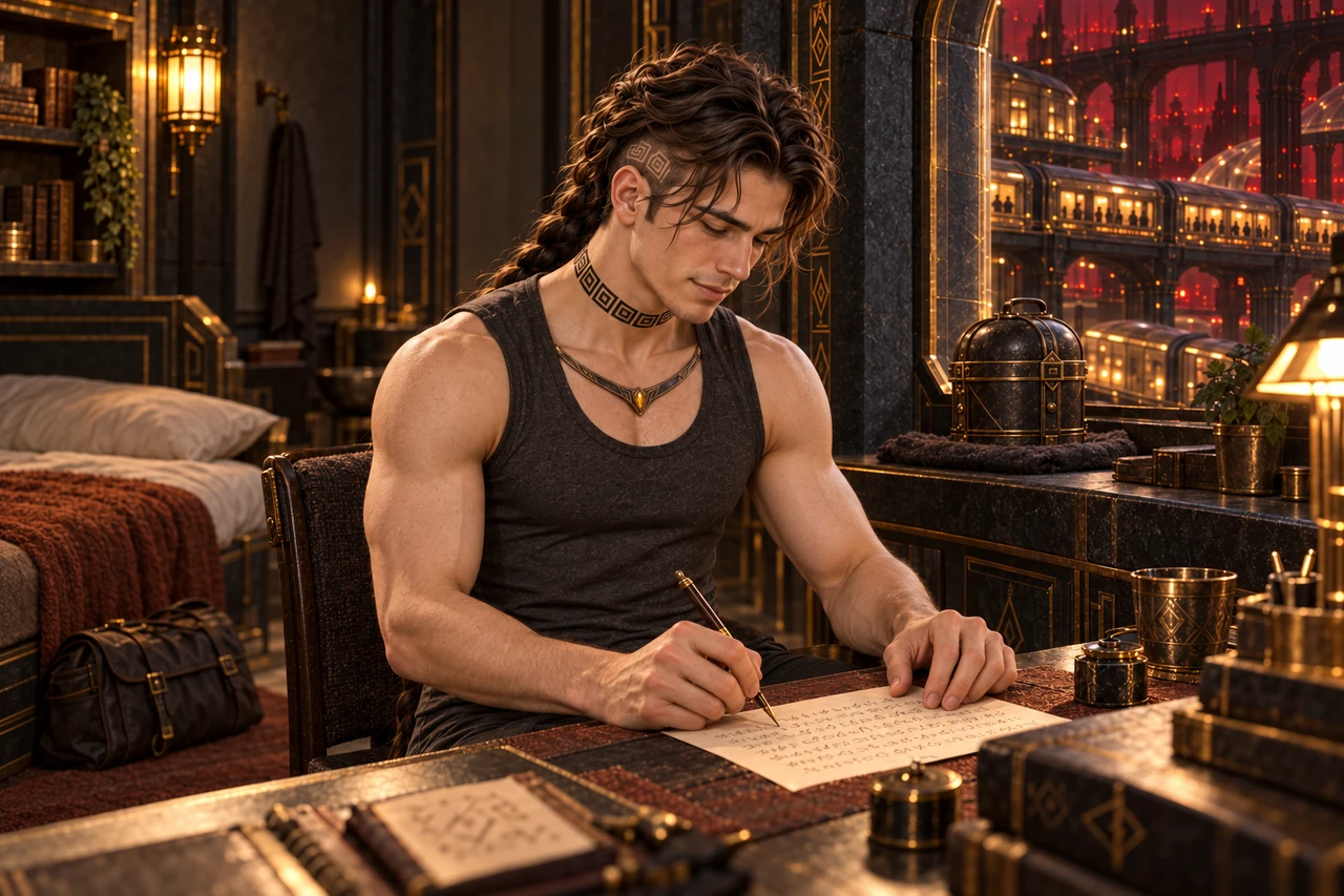 Saevren writes a letter at his room’s table; the closed carrier remains safely beside the window.
