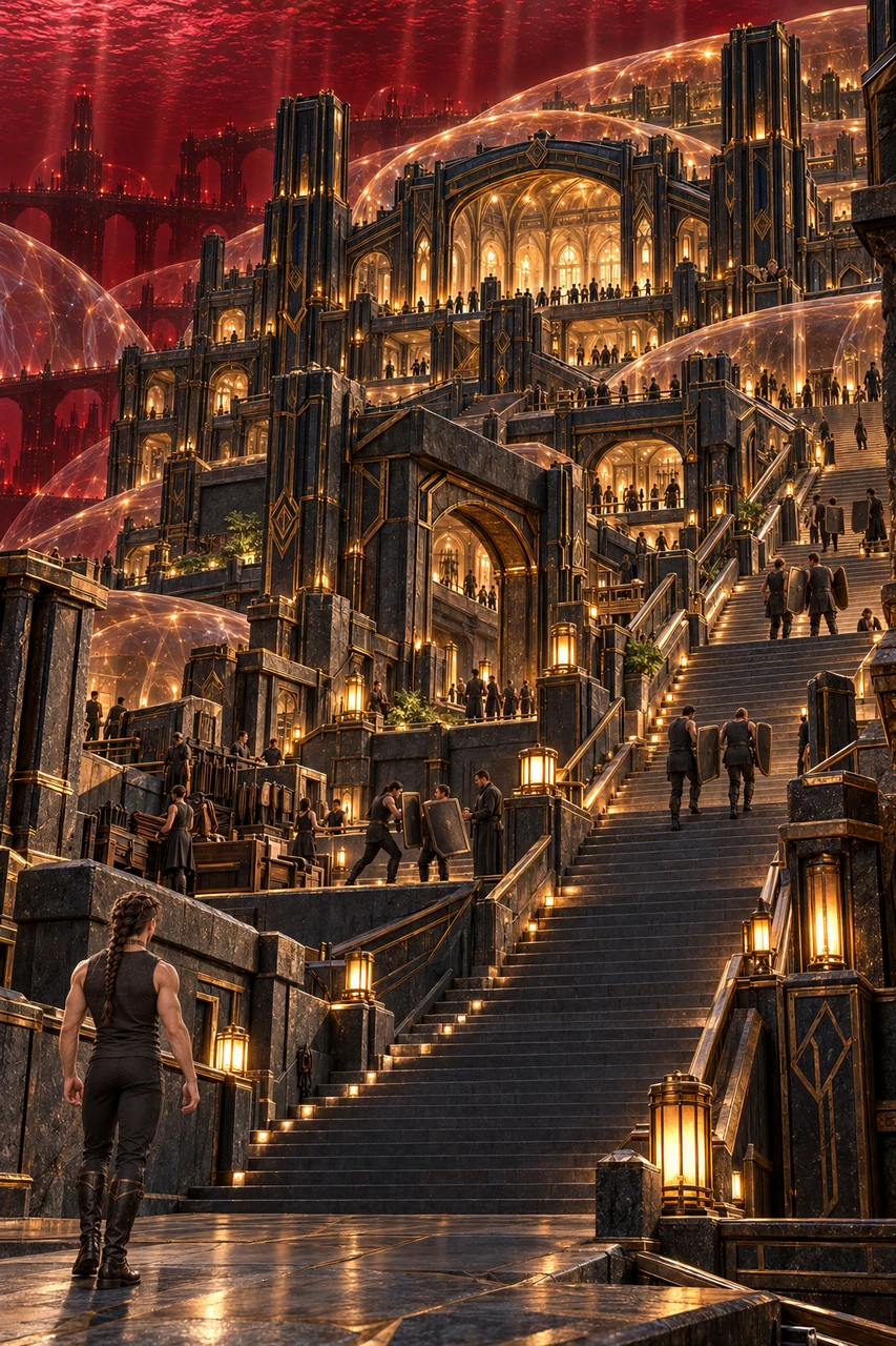 The monumental Shield Stair rises through protected halls and landings occupied by small training groups.