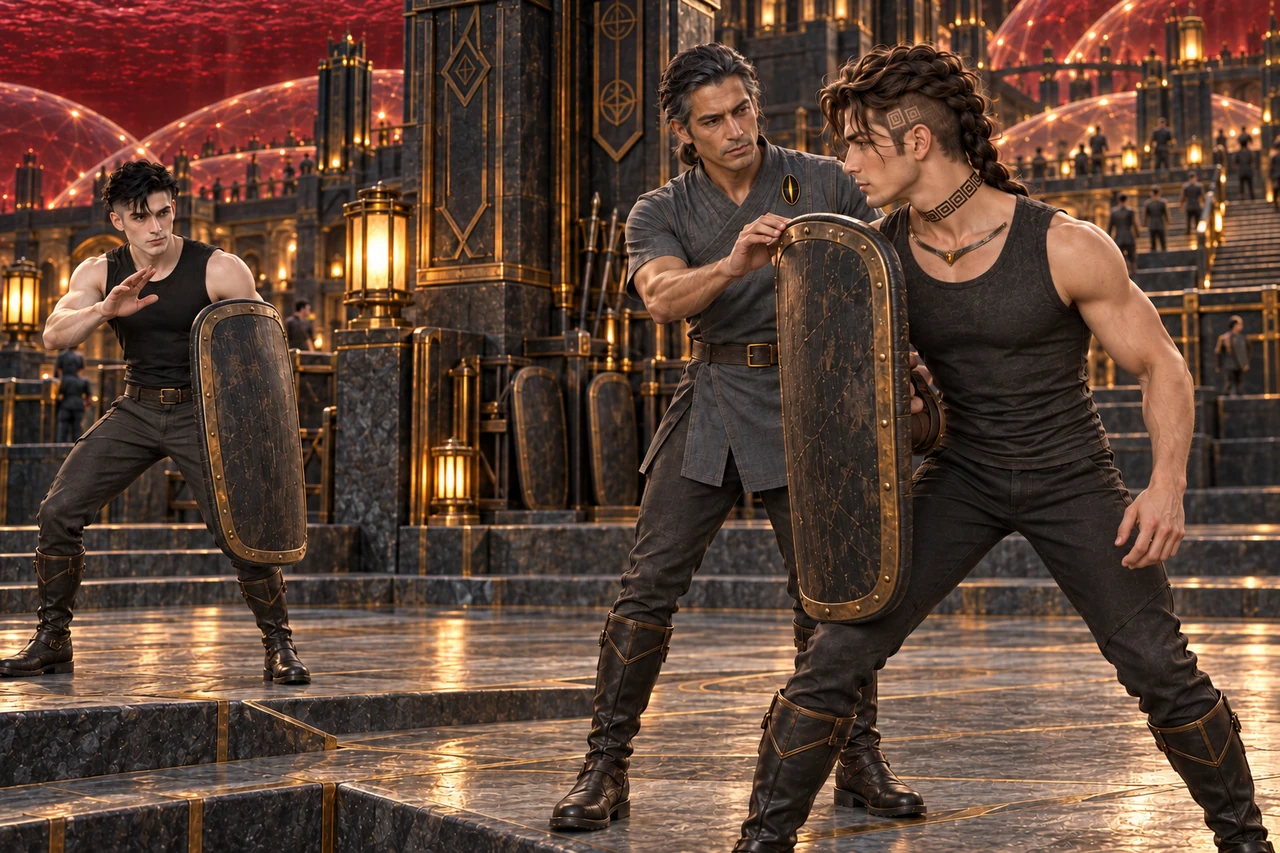 Theryn adjusts Saevren’s practice shield while Keldan waits beside them.