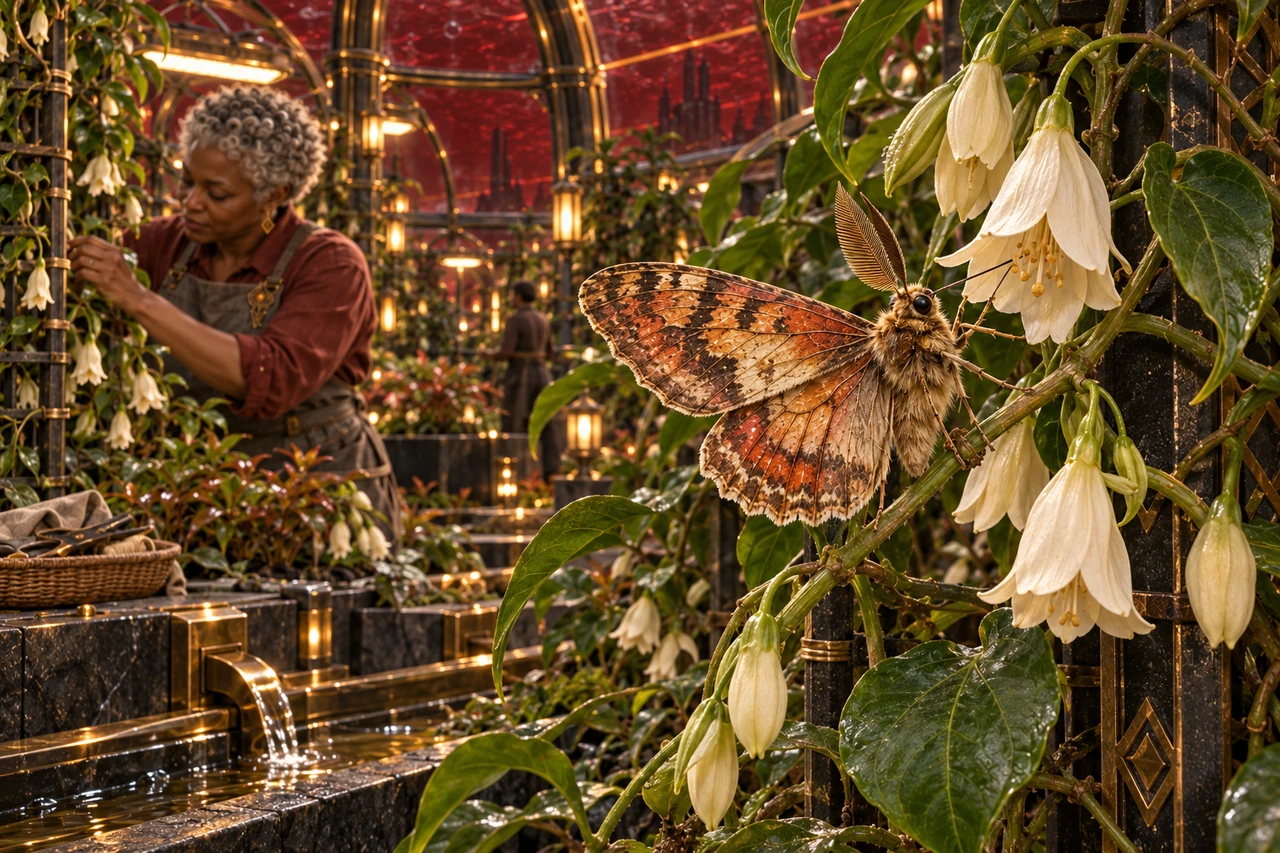 A copper-patterned Brasswing Moth rests on Pale Bellvine inside a protected garden, with a gardener beyond it.