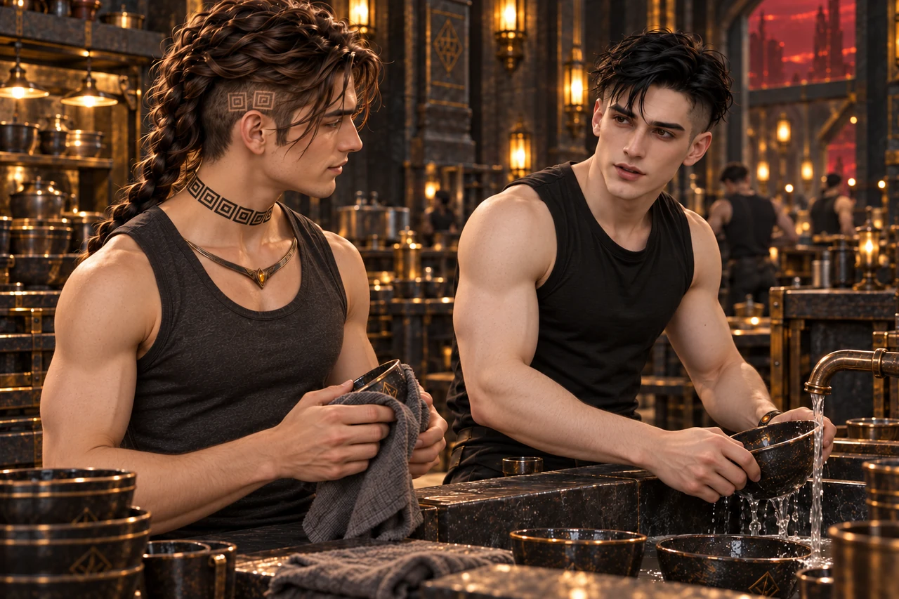 Saevren dries dishes while Keldan rinses them and talks in a shared kitchen.