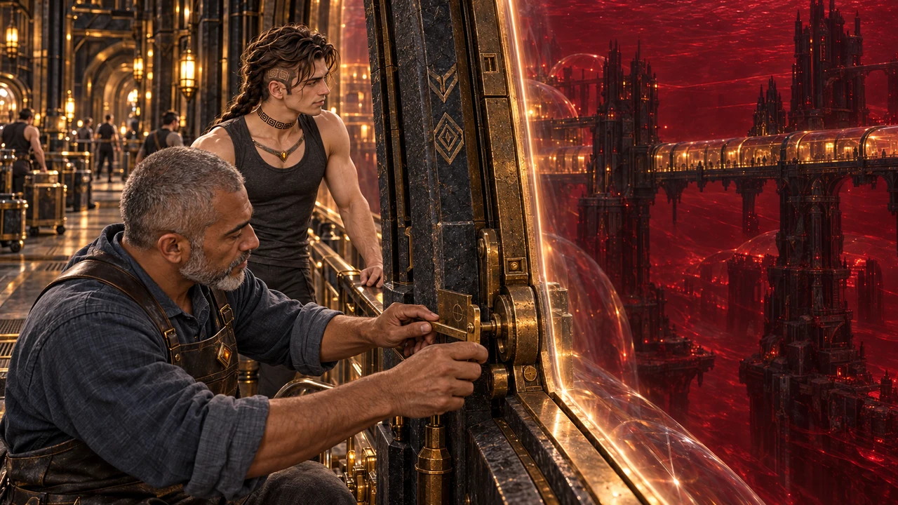 Saevren observes an older worker checking a closed ward mounting beside the dark red liquid outside.