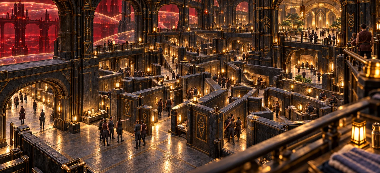 An oblique panorama of the Passage Grounds shows tall practice partitions, blind turns, rest niches and overlooking galleries.