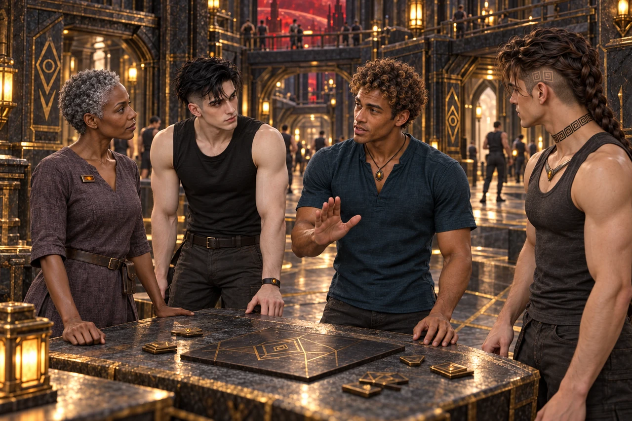 Ilyra briefs Keldan, Neyris and Saevren beside a table with route markers before a group exercise.