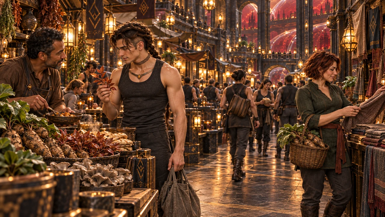 Saevren considers Bronzeleaf at a food stall while Sella examines cloth in a busy protected market.