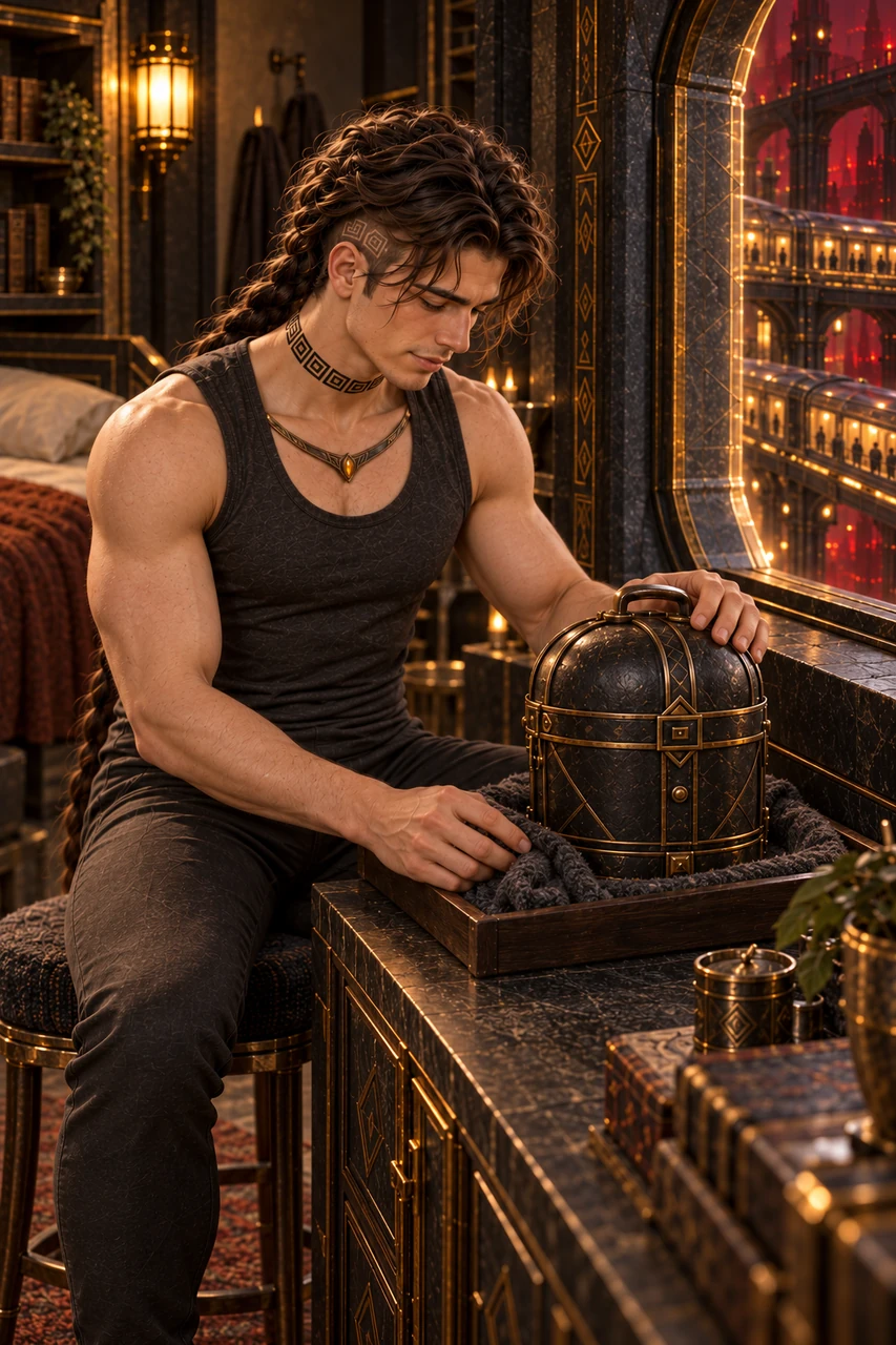 Saevren adjusts charcoal wool in a plain wooden tray supporting the closed egg carrier on his room’s cabinet.
