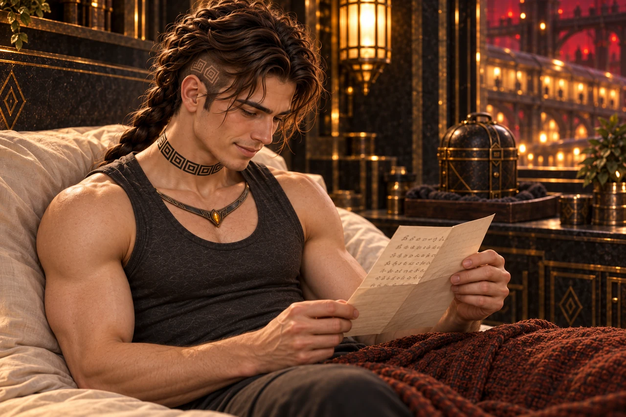 Saevren smiles softly while reading Aedrin’s letter against the pillows of his bed.