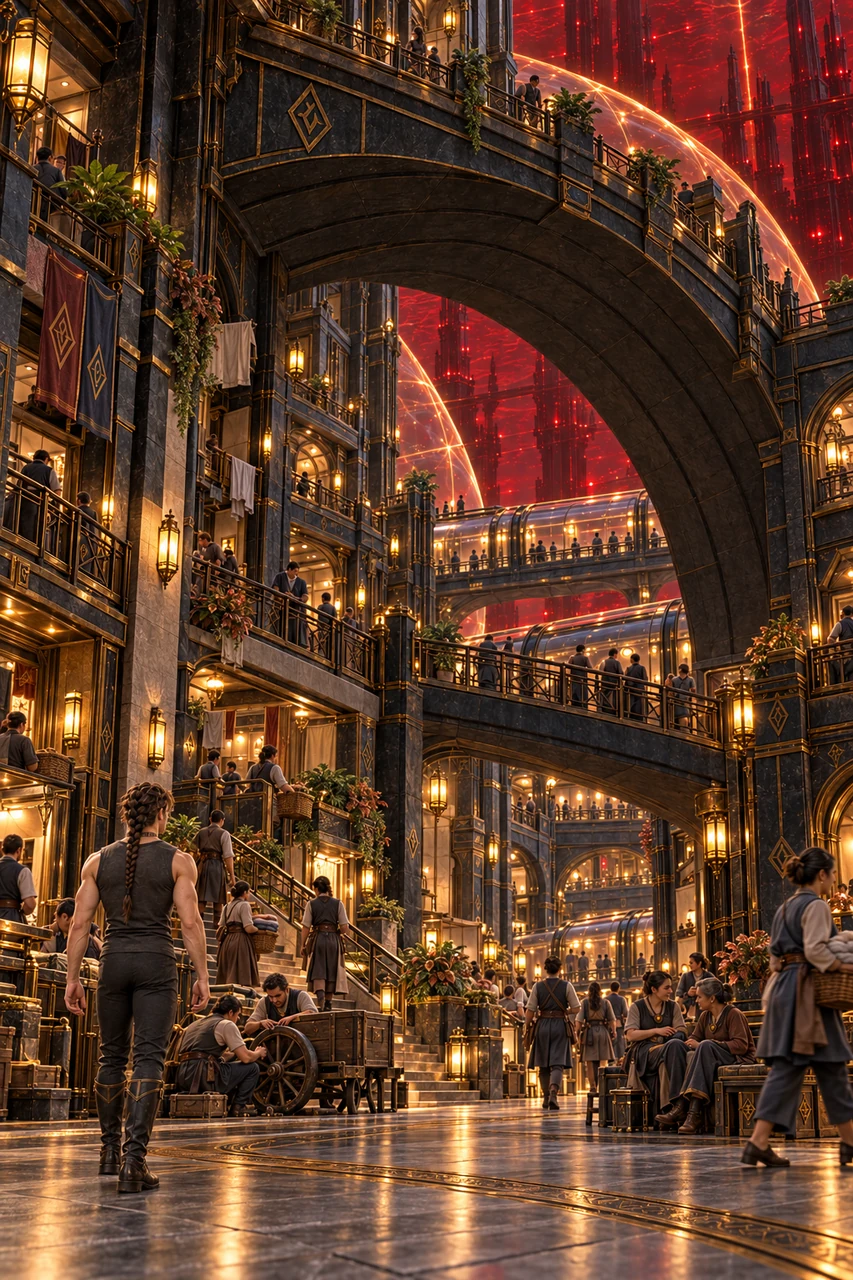 Saevren enters a protected residential court where people mend a cart, carry baskets and talk beneath a vast inhabited arch.
