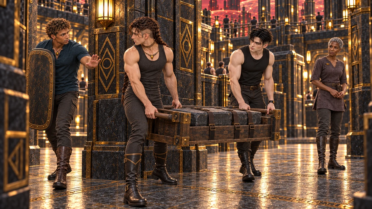 Saevren and Keldan carry a weighted wooden frame while Neyris signals with a practice shield and Ilyra observes.