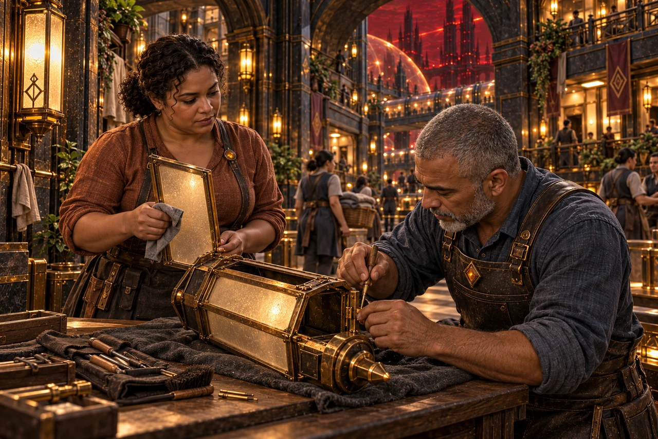 Two workers maintain a lantern at a portable table while ordinary life continues in the protected residential galleries.