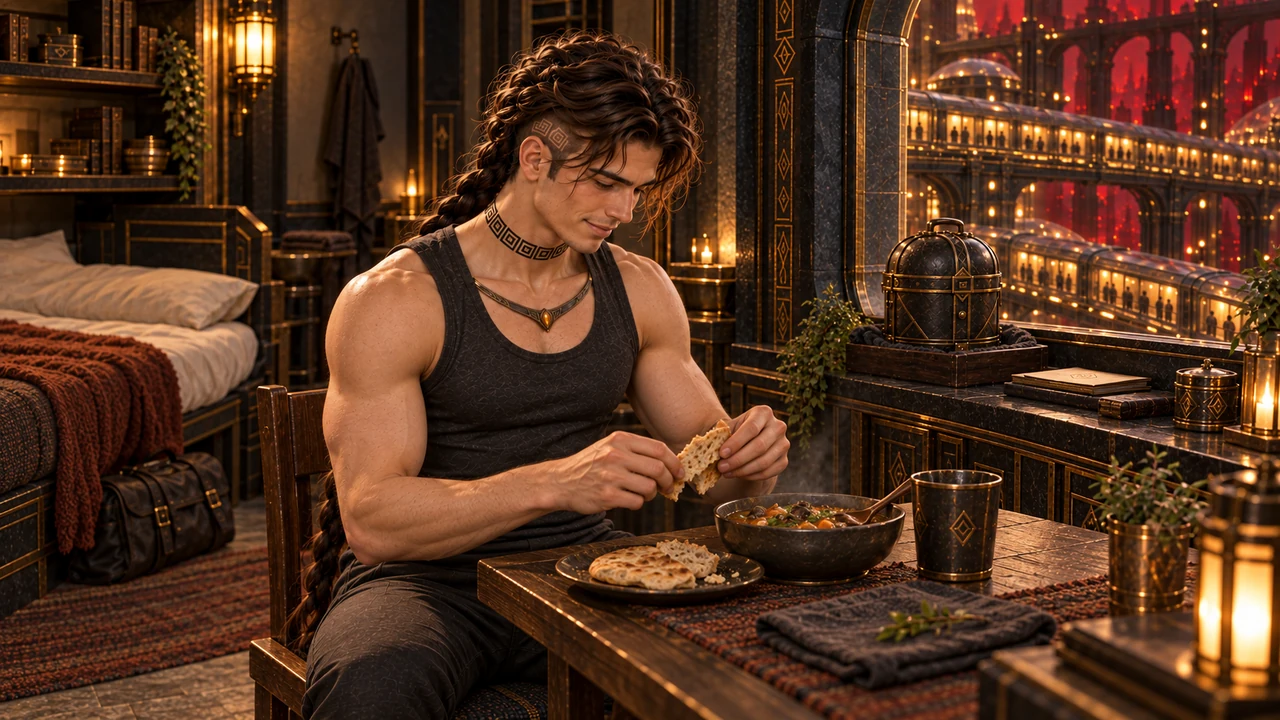 Saevren eats bread and stew in his familiar room, with folded belongings, a letter and the closed carrier safely nearby.