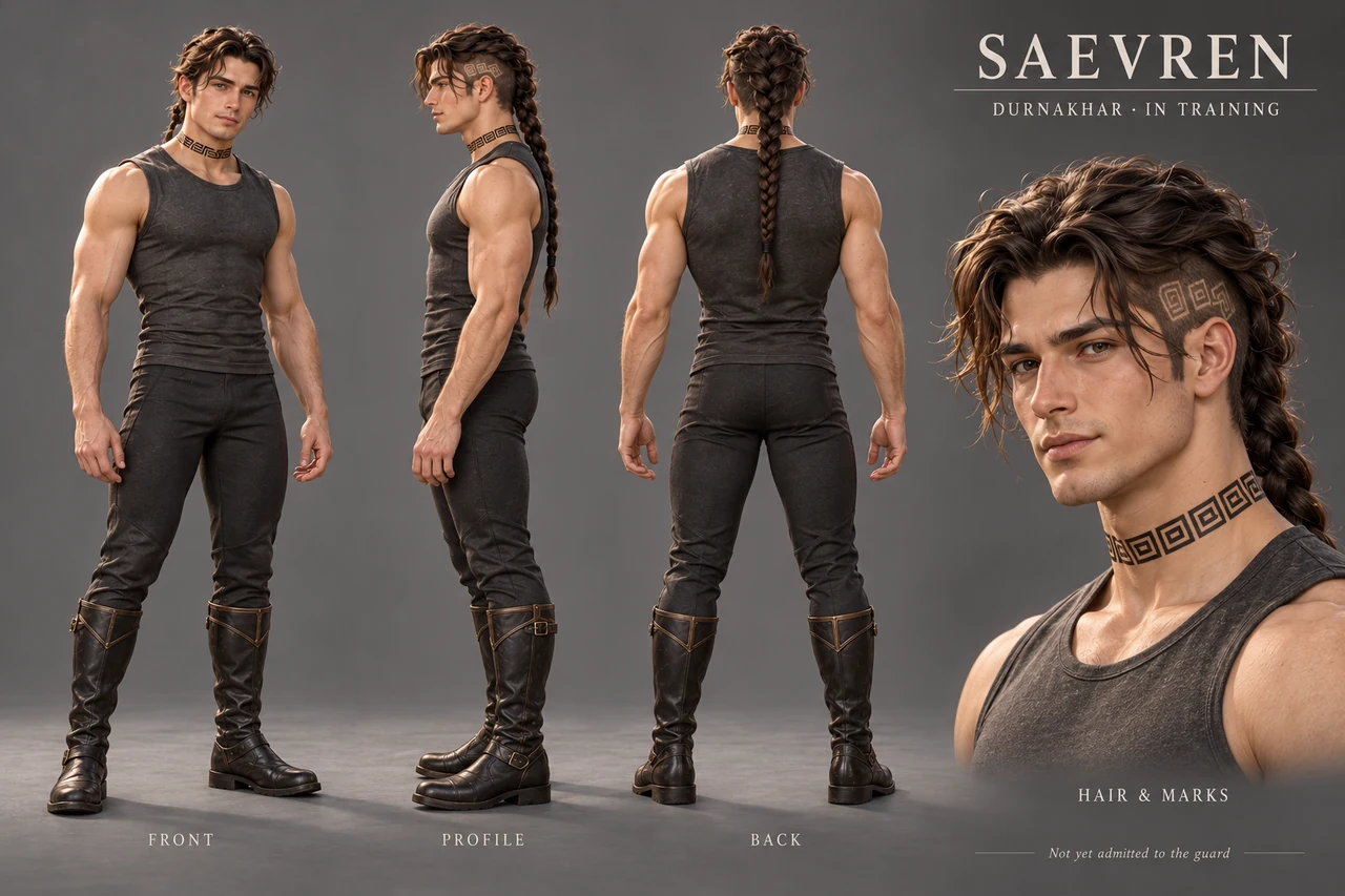 Saevren’s established character reference: lean adult build, brown undercut and long braid, geometric neck tattoo, charcoal compression clothes and high regional boots.