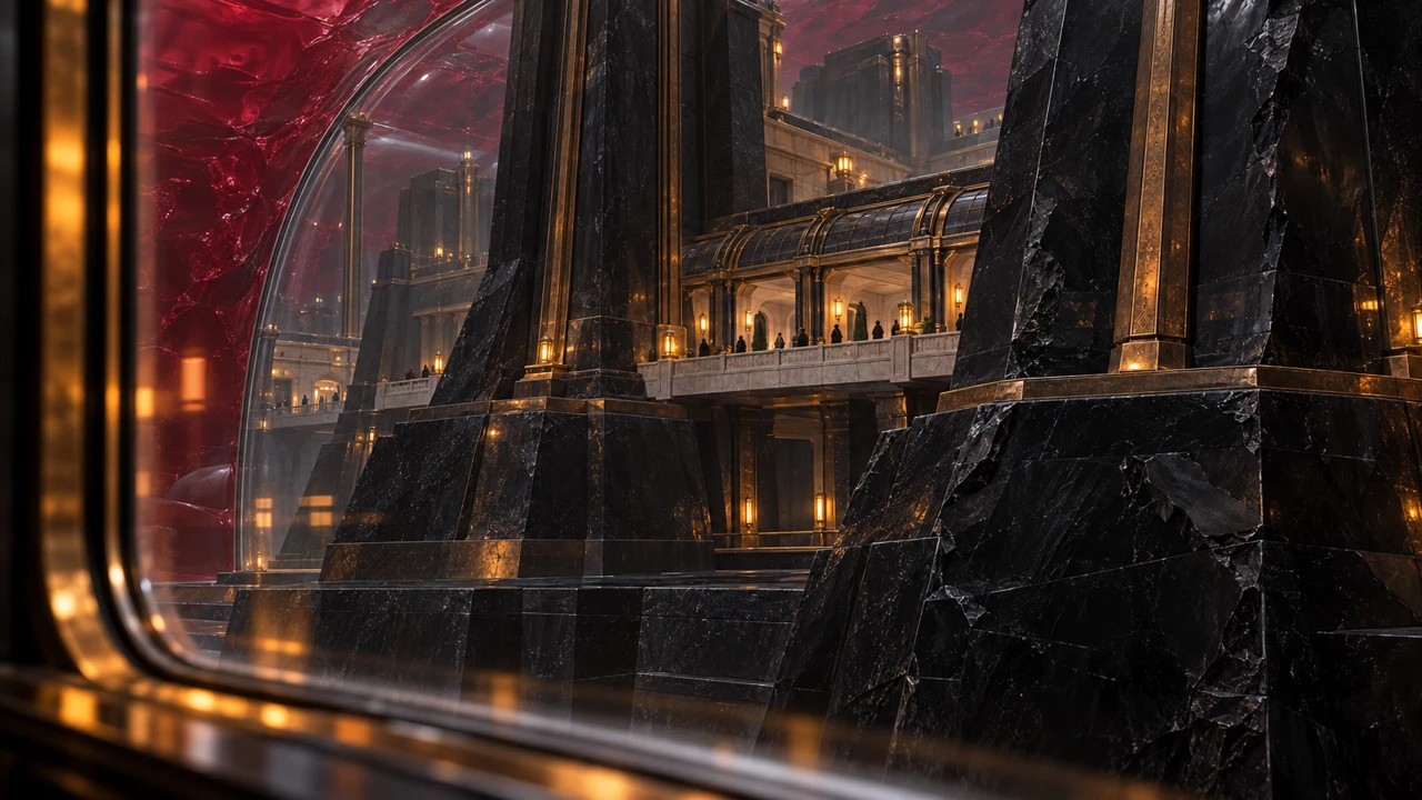Beyond the carriage, obsidian structures suggest the territorial presence of BR0 as the journey continues inward.
