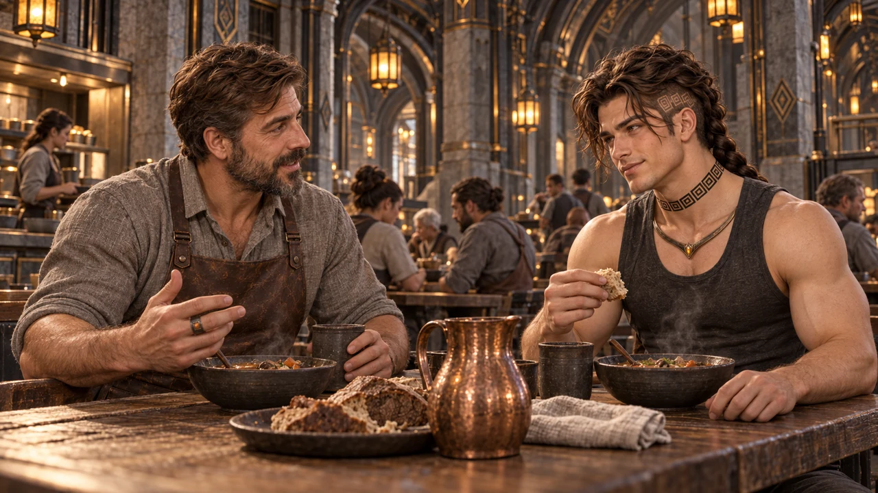 Beneath the workshop ribs, a shared meal leaves room for conversation between tasks.