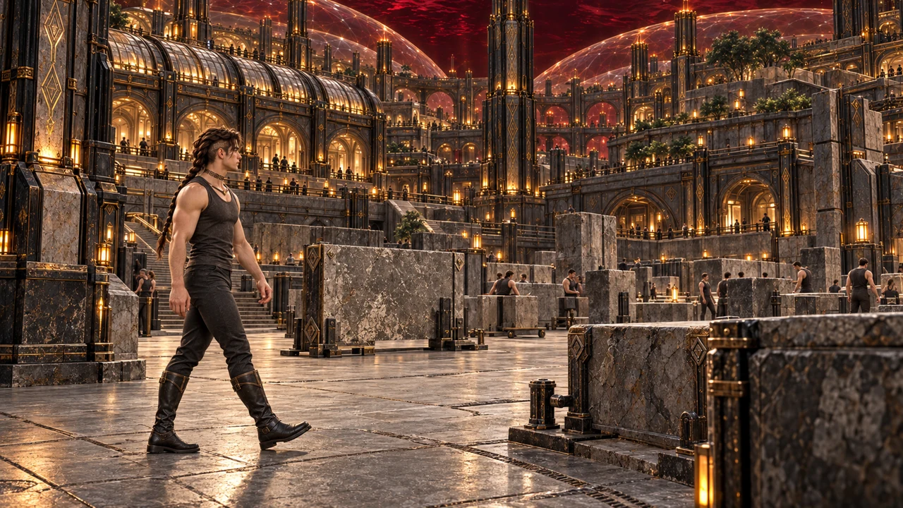 The Stonebound Courts open into a different scale of practice, with stone and metal set out for deliberate work.