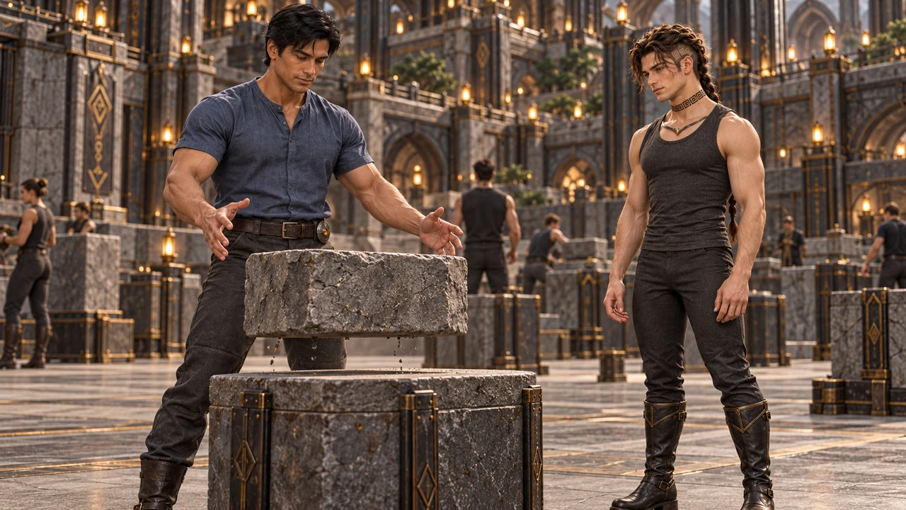 Tavren demonstrates a controlled movement of stone while Saevren watches its limits.