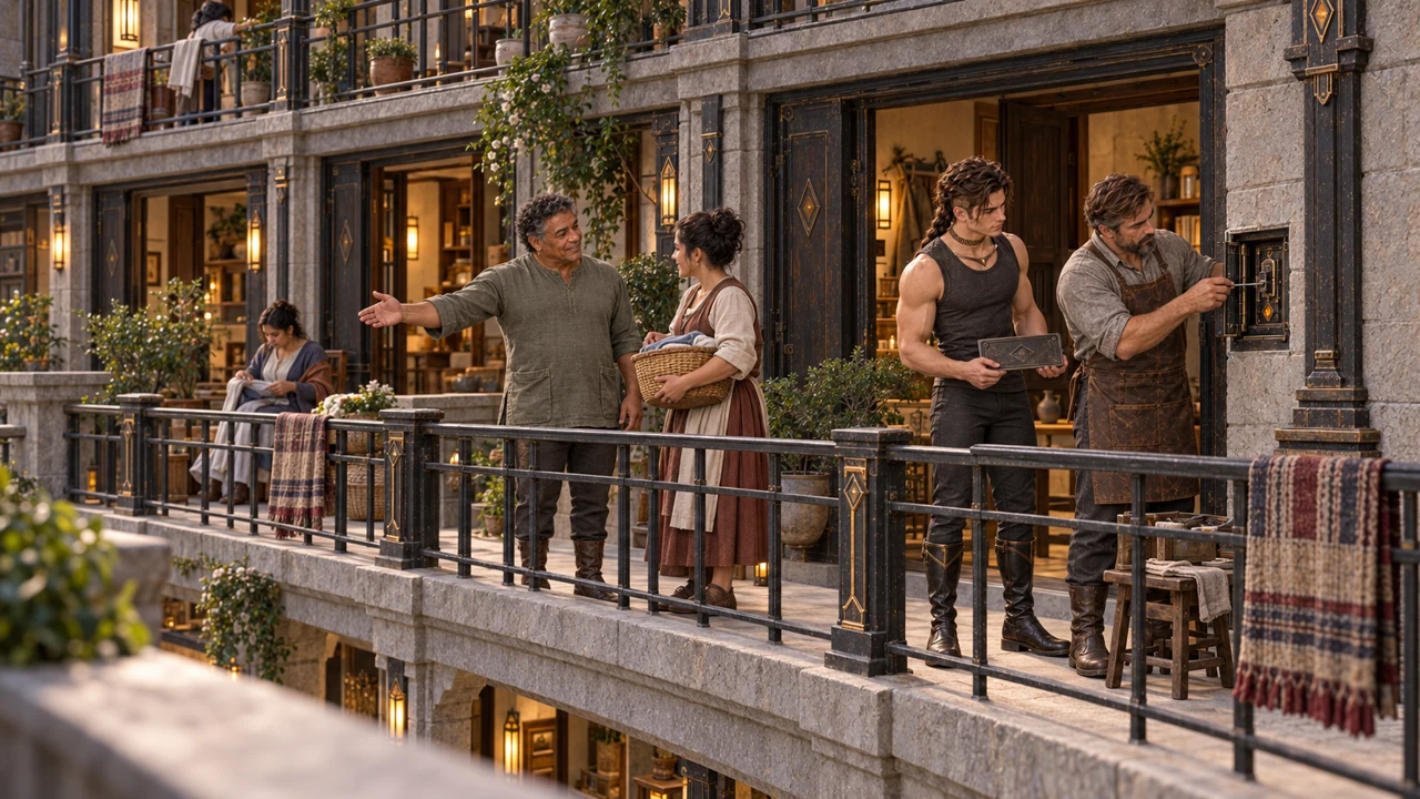 Among the homes, Miren coordinates a planned repair while Corven and Saevren work beside the passage.