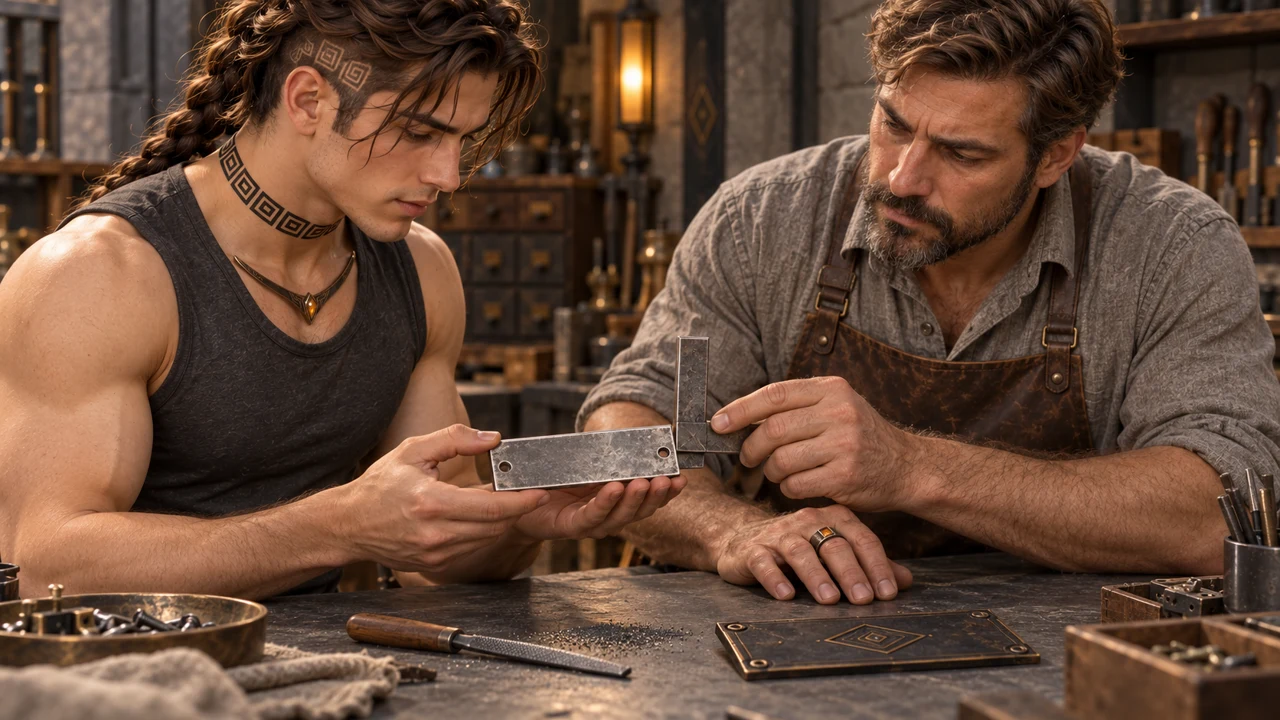 Saevren presents a small repaired fitting, and Corven checks the edge before it returns to the assembly.