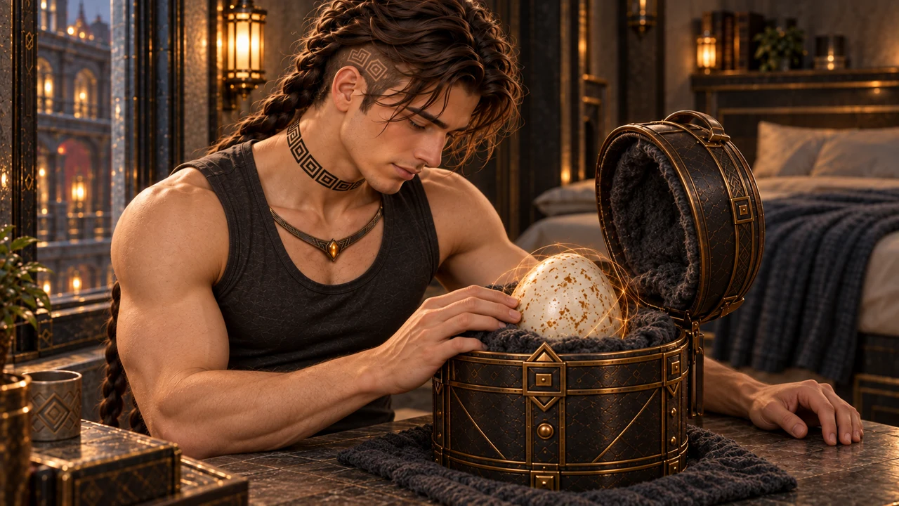 In his room, the egg rests whole in its padded case as his hand comes close to the shell.
