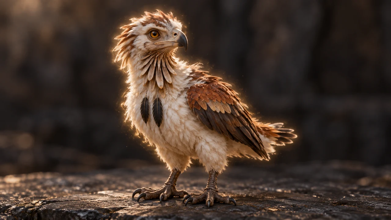 Ivory and rust plumage, dark wings and two black breast feathers distinguish Saevren’s small companion.