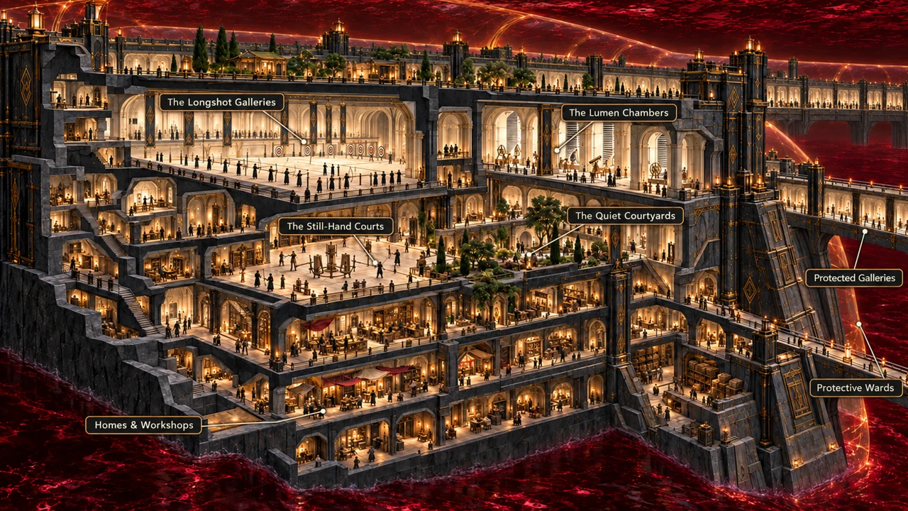 A conceptual section through the galleries, training spaces and inhabited levels of the bastions.