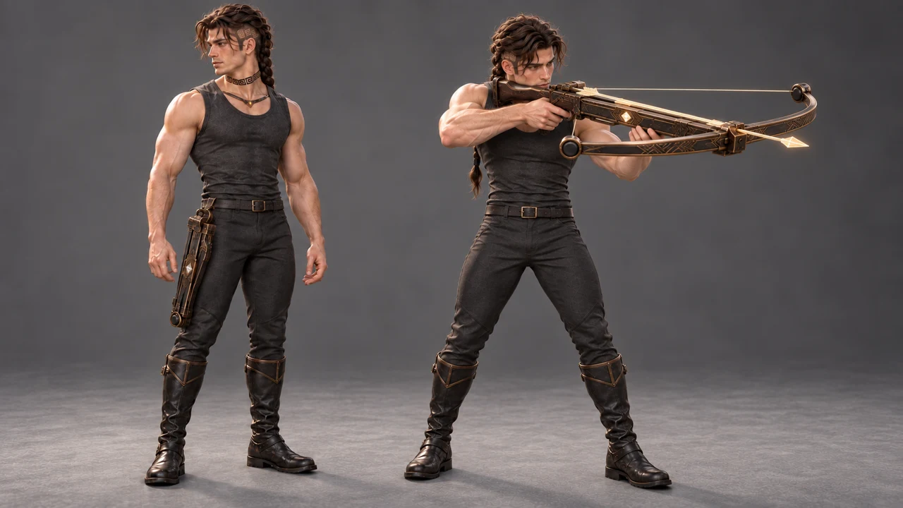 Two views show the crossbow carried at his right hip and unfolded in his hands.