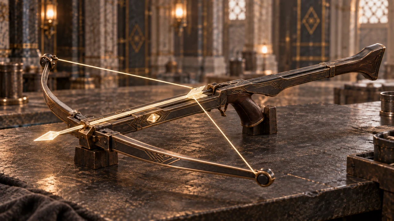 The slender graphite-and-bronze crossbow unfolds for use, with a luminous string and a magically summoned bolt.