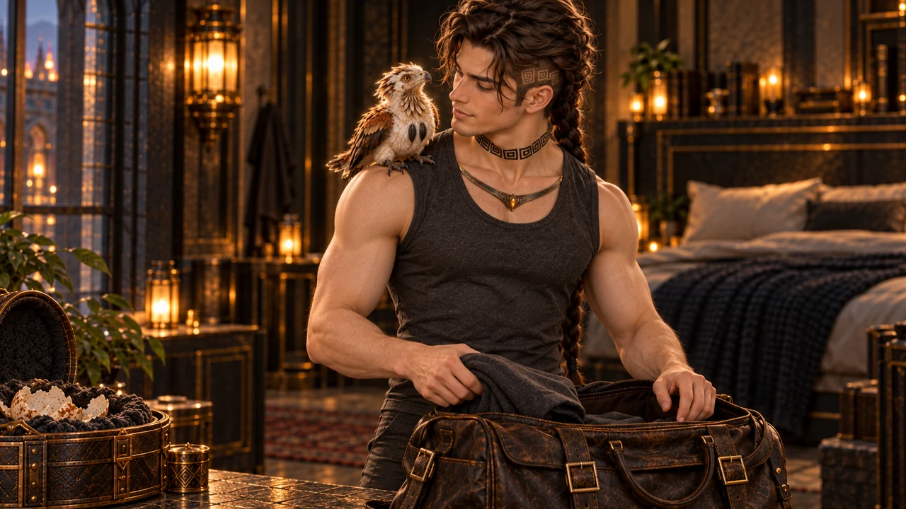 The little bird finds a place on his shoulder while Saevren prepares to leave.