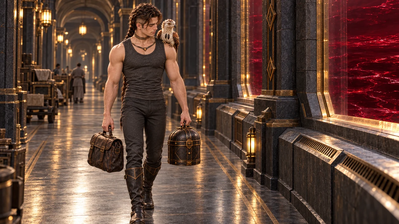 Along the protected service way, Saevren carries his belongings towards the Far-Sight Bastions.