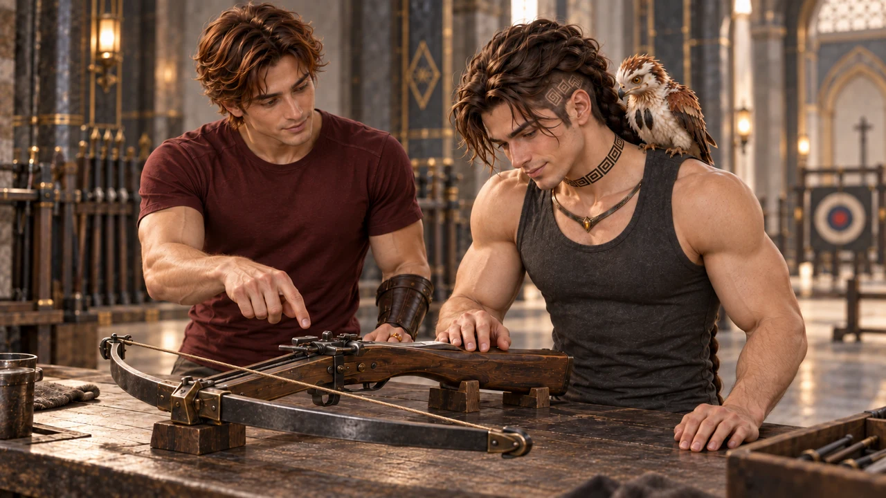 At the crossbow bench, a different weapon draws his particular interest.