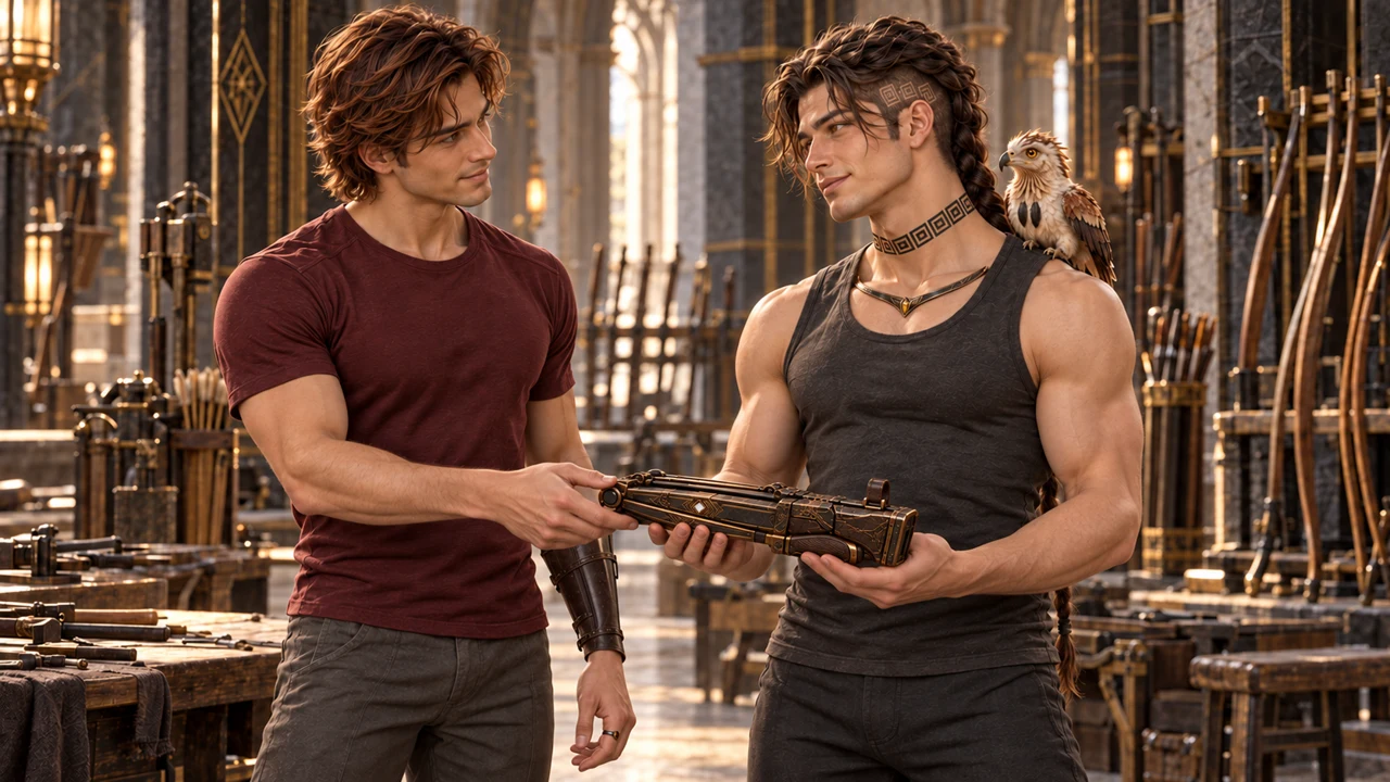 Before they leave the workshop, Kaelis gives Saevren the folding crossbow. Their exchanged look holds a quiet warmth.