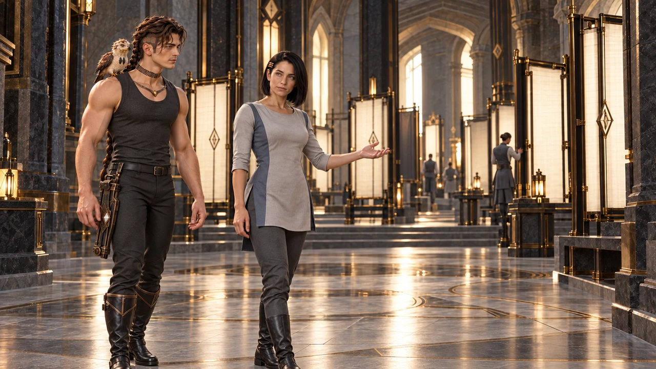 Lethira welcomes Saevren into the Lumen Chambers, where light can be adjusted with care.