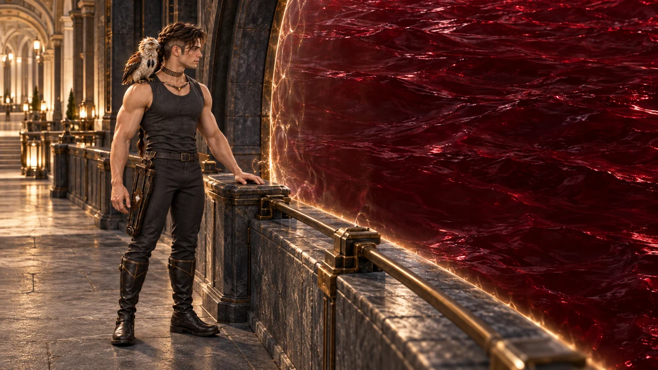 At a protected lookout, Saevren pauses beside the boundary between the inhabited space and the liquid beyond.