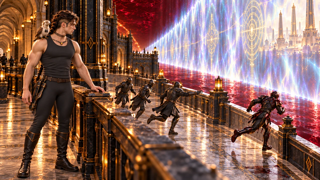 A fleeing warrior reaches the suture with guards behind him. Saevren watches from a separate protected passage.