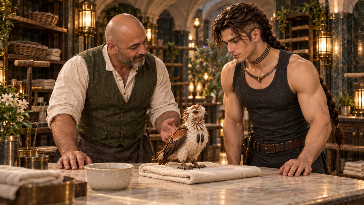 In the Keepers’ Rooms, Damar quietly observes the young bird while Saevren stays beside the care table.