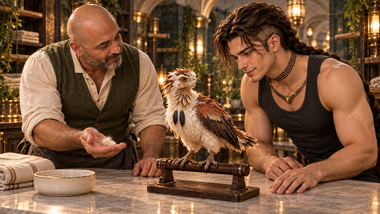 Damar and Saevren notice the changing feathers: a young companion growing beyond its first down.