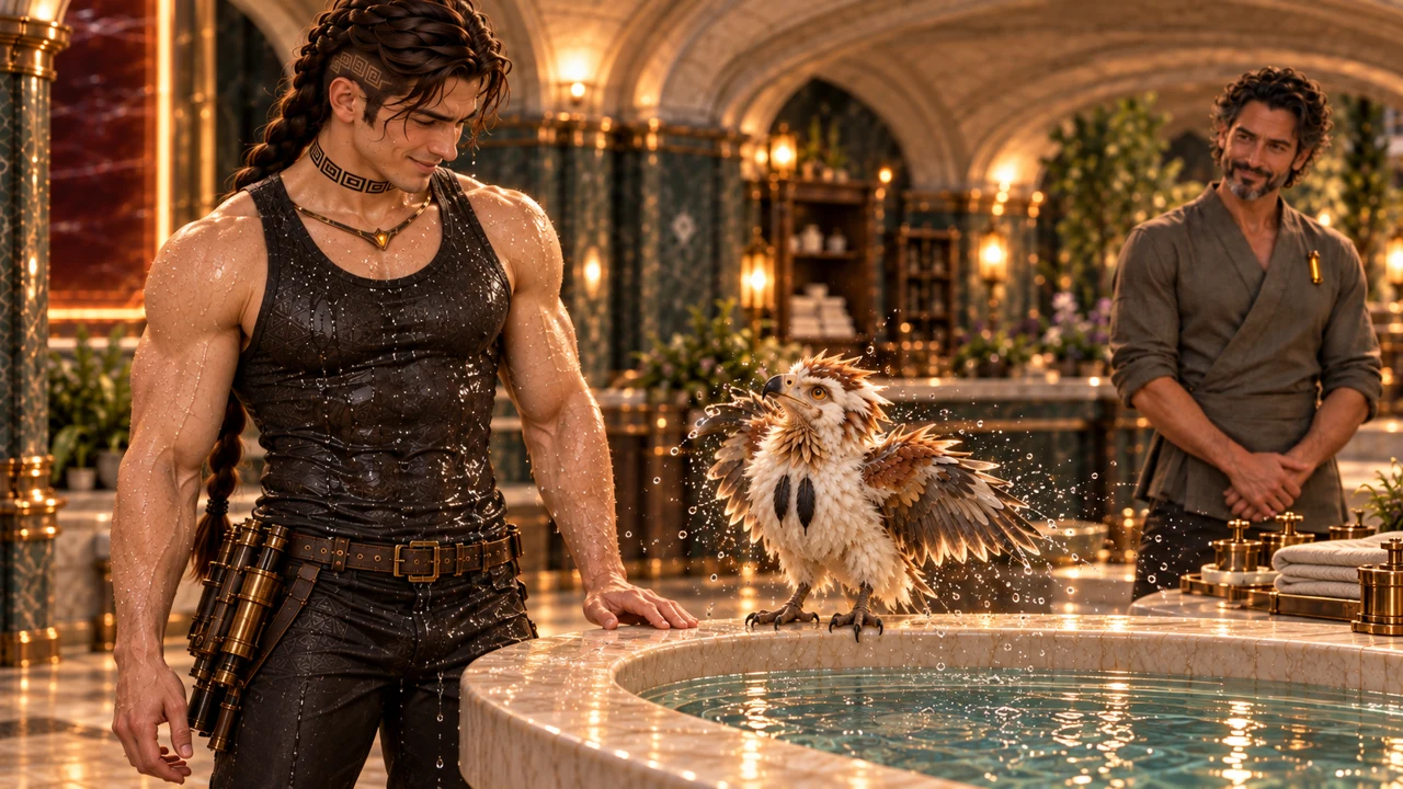 His tank top soaked, Saevren watches the bird shake the remaining drops from its feathers at the basin’s edge.