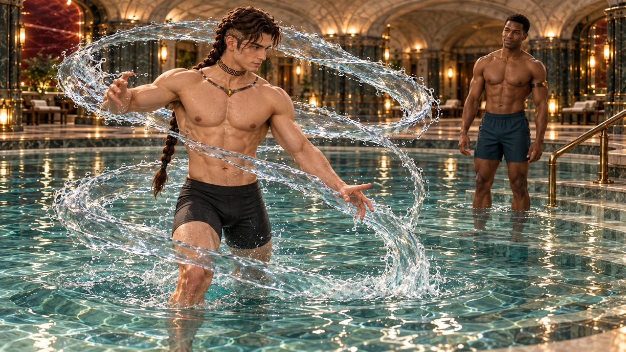 In a later session, Saevren moves through the basin with greater strength while guiding sustained currents around his body.