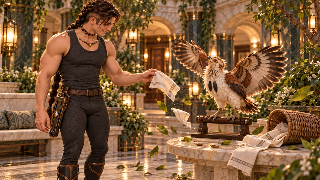 Wings stir linen and leaves into a small domestic mess. Saevren smiles and calls the young bird Thoden.