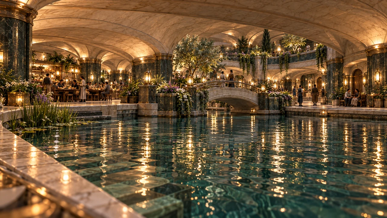 From the edge of a basin, lamps shine beneath the low vaults while neighbours eat, walk and talk among the homes.
