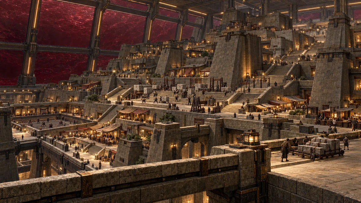 Great stairs, load bridges and inhabited terraces between immense stone supports