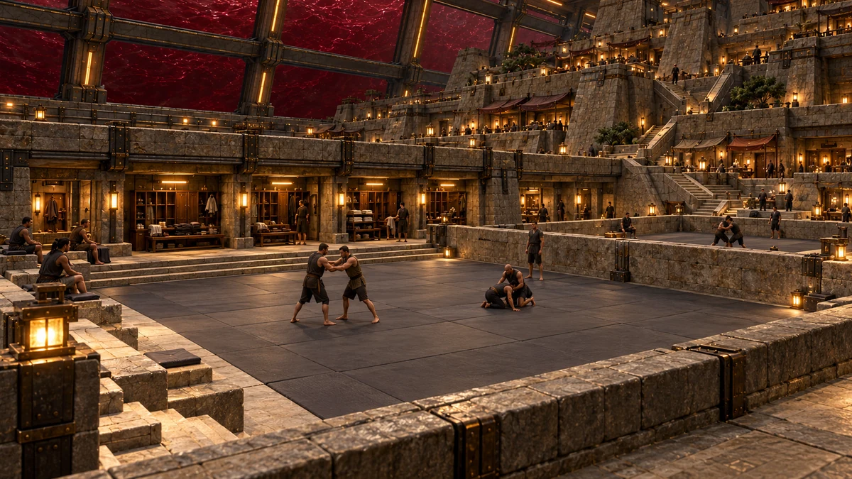Protected courts between the buttresses provide space for grappling, balance and controlled movement.