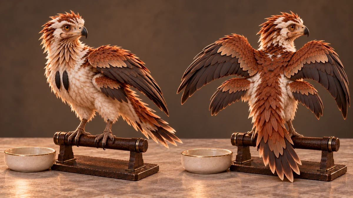 Thoden’s smaller second pair is now feathered. His copper and cream plumage, two black breast feathers and long tail remain distinct.