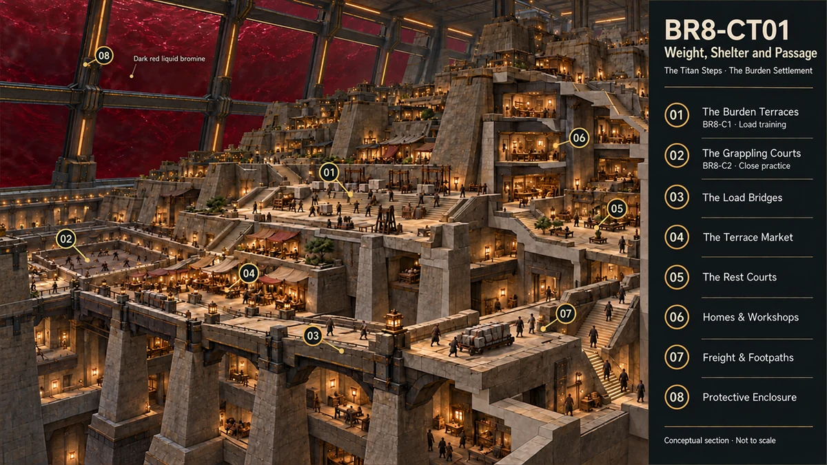 A closer view of the relationship between load bridges, sheltered rooms and the passages of the Titan Steps.