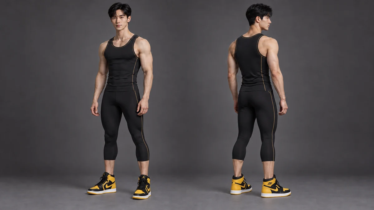 Han wears obsidian black with fine old-gold accents, mid-calf compression trousers and black-and-yellow high-top shoes.