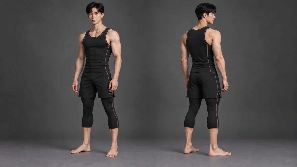 Han’s close-practice clothing adds shorts over the compression layer and leaves his feet bare for the courts.
